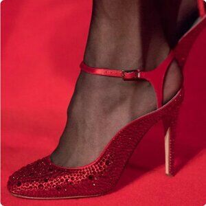 FSJ Women's Red Stiletto Heels Ankle Strap Rhinestone Evening Pumps